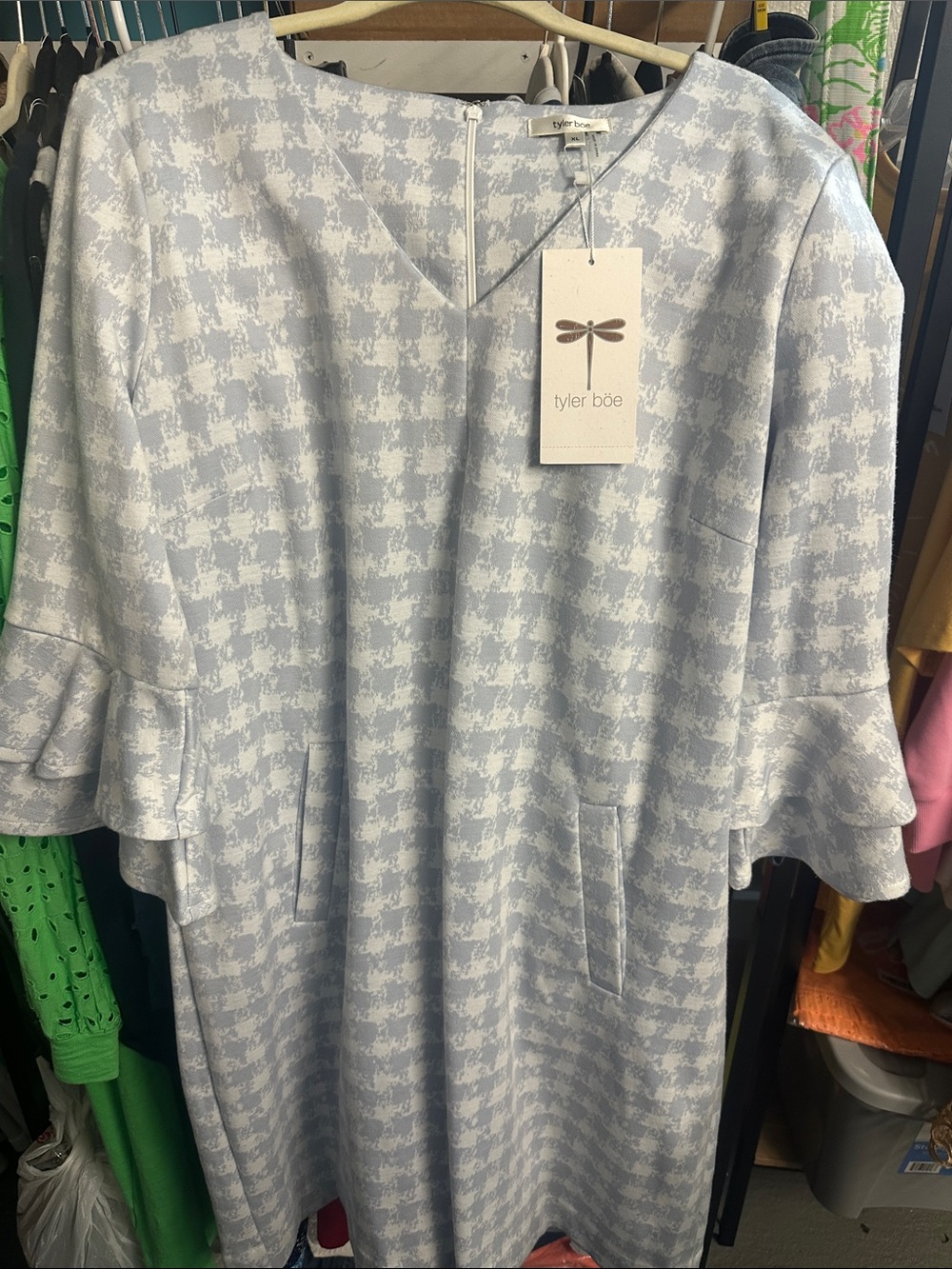 Tyler Boe Light Blue and White Houndstooth V-Neck Dress